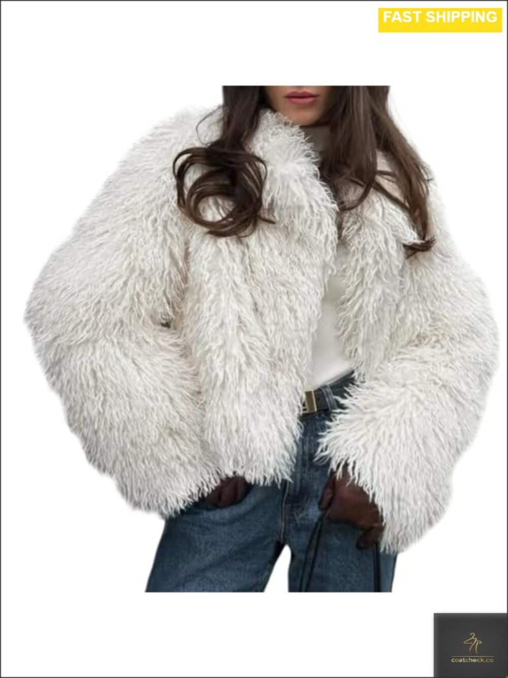 Womens Faux Fur Coat Lapel Cropped Fluffy Fur Jacket